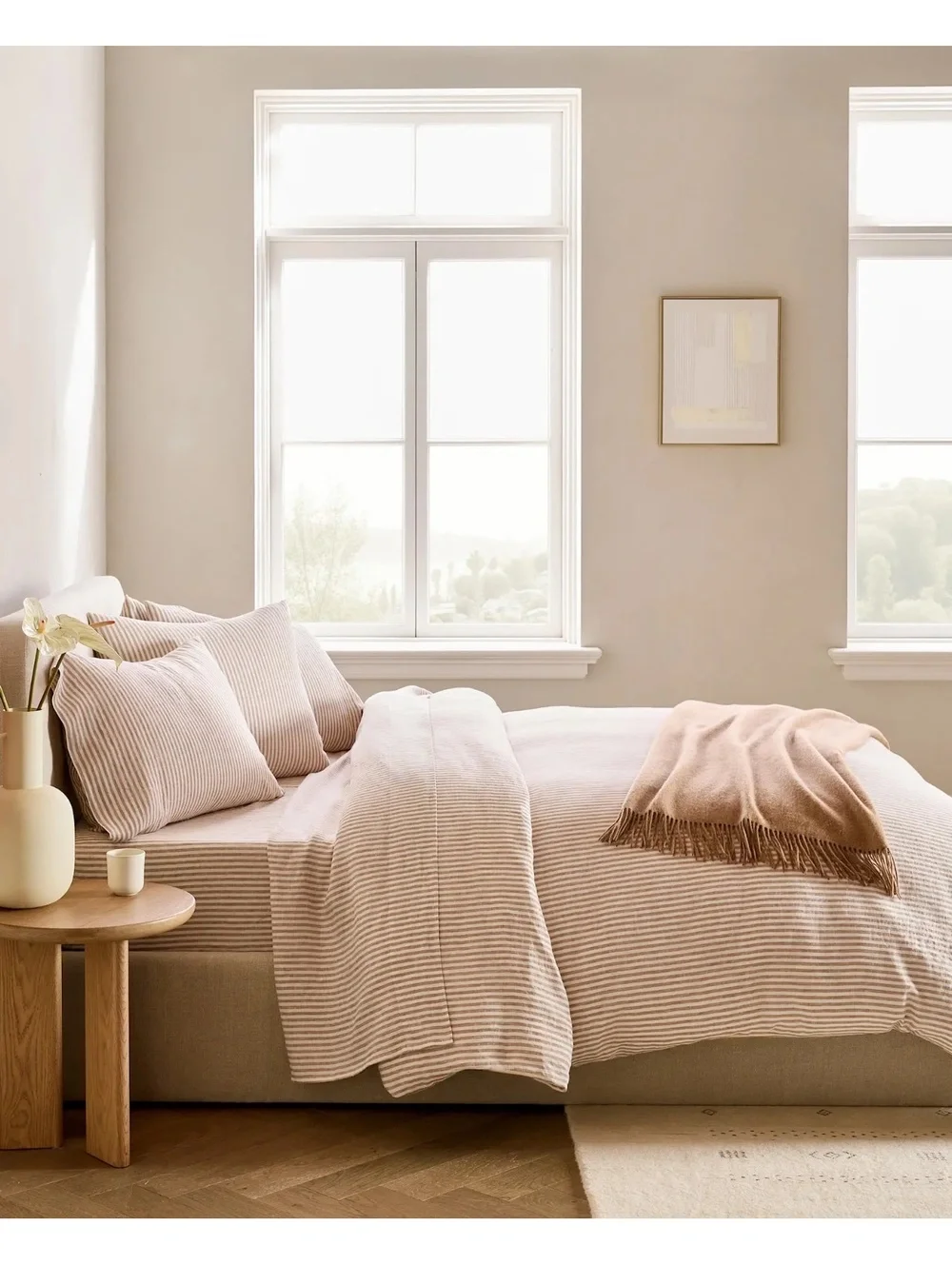 Quince European Linen Duvet Cover Set Full Queen Latte White Stripe $204 Retail